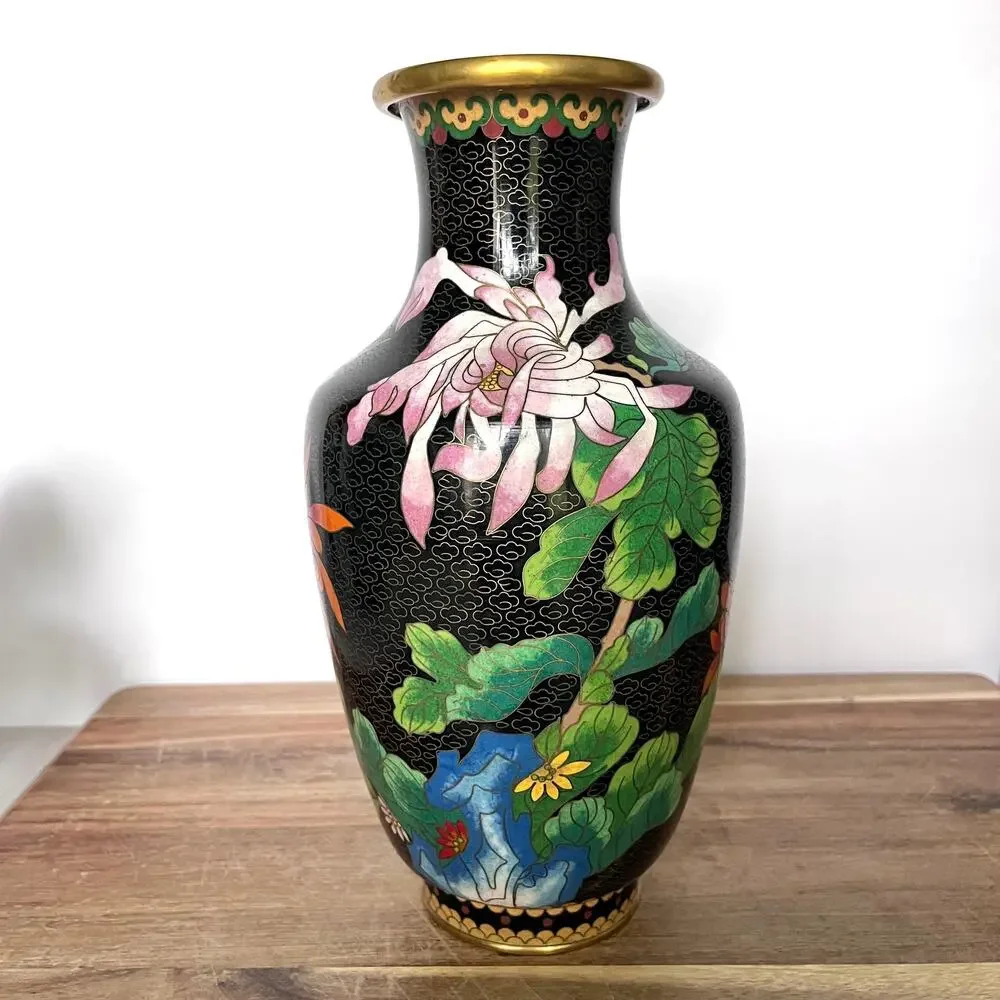 Vintage Chinese Cloisonne Lotus Flower Floral Botanical Bird Vase 10